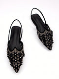 Step into charm with these Elegant Floral Rhinestone Black Velvet Pointed Toe Mule Slippers. Their soft velvet and sparkling rhinestones add a touch of glam to your daily comfort or party look. The pointed toe design keeps things sleek and stylish, making every step feel like a celebration. Perfect for lounging or dancing the night away!