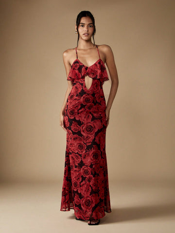 Step into celebration mode with this Elegant Floral Ruffle Maxi Dress, designed to turn heads at weddings and special occasions. Its playful ruffles and charming cut-out detail add a flirty twist to classic elegance. Lightweight and flowing, it moves beautifully with every step, making you the life of any party. Perfect for dancing, twirling, and making unforgettable memories in style.