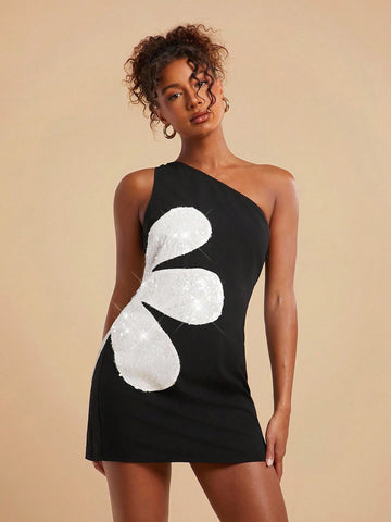 Turn heads in this playful one-shoulder mini dress shimmering with black and white floral sequins. Its sparkling design adds a fun twist to elegance, perfect for dancing the night away or making a bold statement at any event. Lightweight and eye-catching, this dress combines style and flair effortlessly.
