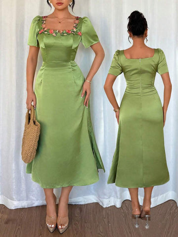 Transport yourself to a far-off land with our Elegant Floral Trim Midi Dress. Featuring a retro Chinese style, this wrap dress is perfect for any summer party. The delicate floral trim adds a touch of elegance, making you the star of the show. Embrace the uniqueness, and be the life of the party!