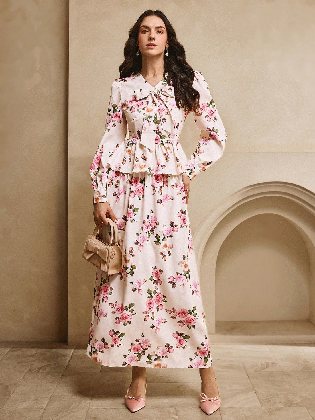 Be the life of the party with our Elegant Floral V-Neck 2-Piece Women's Outfit! Featuring a beautiful floral design, a flattering V-neckline, and a fun tie bow, this outfit is the perfect choice for any celebration. Stand out in style and turn heads with this must-have ensemble. Perfect for all seasons!