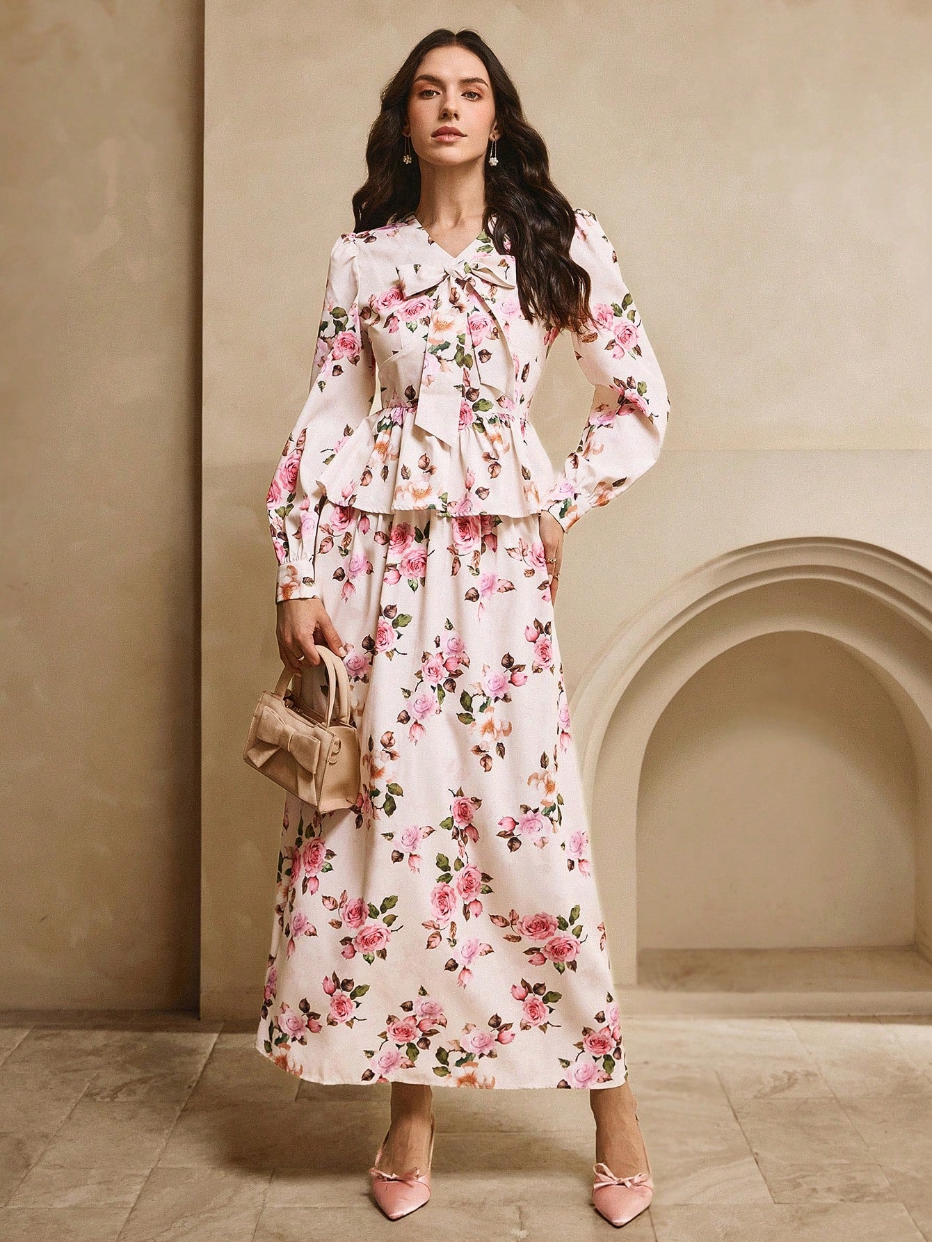 Be the life of the party with our Elegant Floral V-Neck 2-Piece Women's Outfit! Featuring a beautiful floral design, a flattering V-neckline, and a fun tie bow, this outfit is the perfect choice for any celebration. Stand out in style and turn heads with this must-have ensemble. Perfect for all seasons!