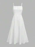 Front View Of Cami Dress in white with flared midi skirt for wedding and office styling