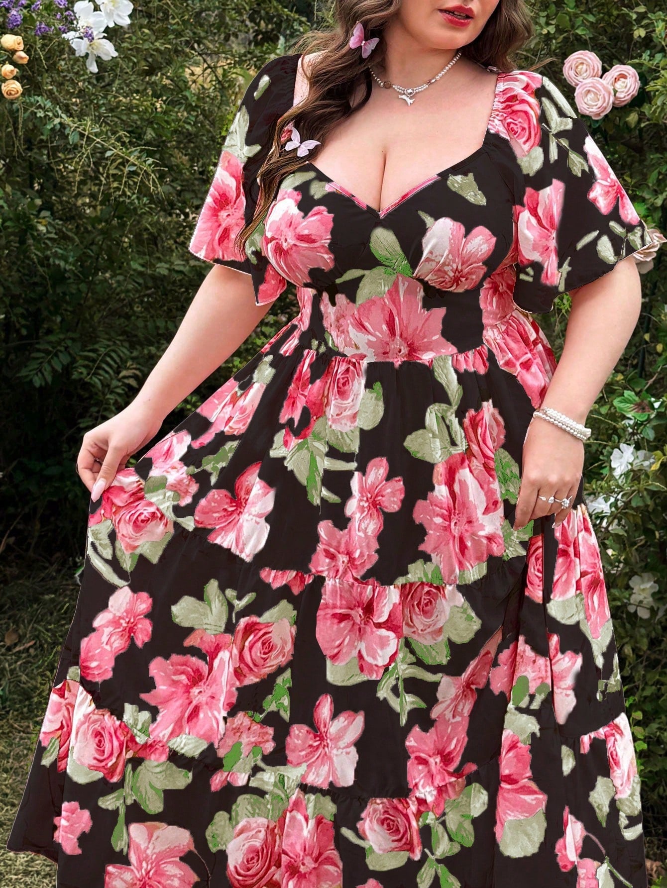 Elegant French Resort Style Ditsy Floral Ruffle Trim V-Neck Long Dress –  Canary Houze