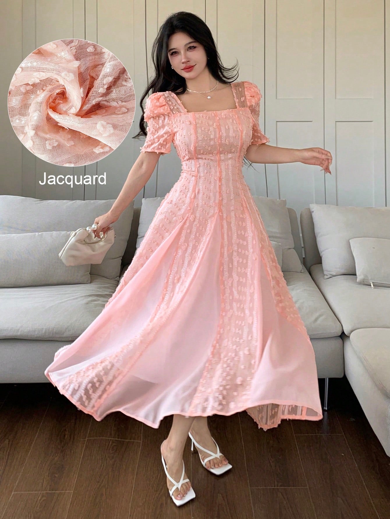 jacquard dress luxury Elegant French Square Neck Long with Flared Waist for W – Canary Houze carpet moments Ruffle Maxi Dress, Tulum Collection:Gingham Girlie Options:Suit + Tie