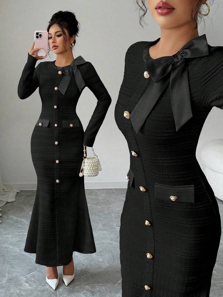 Bonjour! Here's your product description: Embrace timeless Parisian charm with this sophisticated long-sleeve knit dress that whispers elegance at every turn. The textured knit fabric drapes beautifully while the delicate bow detail adds a touch of je ne sais quoi—perfect for elevating your autumn and winter wardrobe. Whether you're heading to brunch, a gallery opening, or a cozy evening out, this versatile piece transitions effortlessly from day to night. Soft, comfortable, and undeniably chic, it's the dr