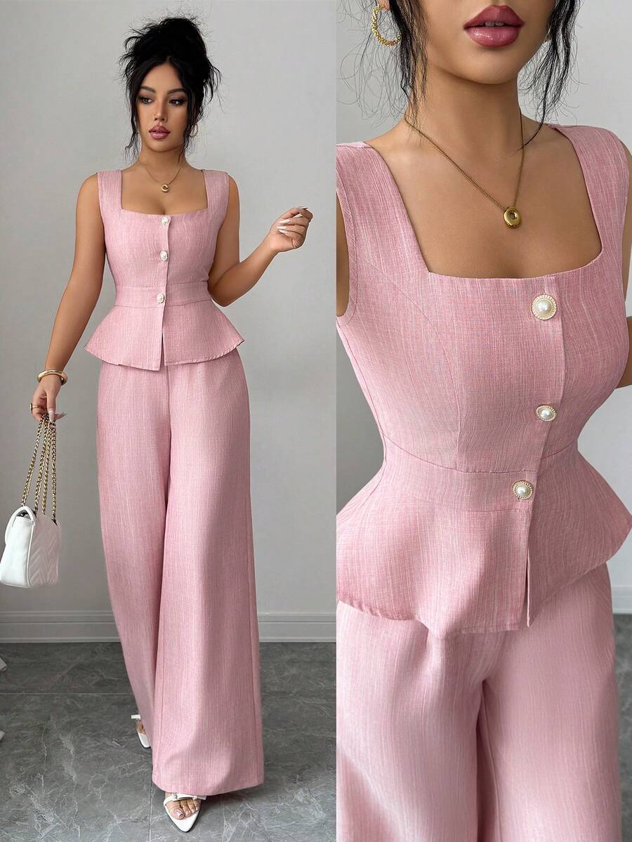 Embrace timeless elegance with this French-inspired two-piece set. The sophisticated square neck crop top features a refined silhouette, while high-waisted wide-leg pants create a flattering, elongated line. Crafted from 100% polyester woven fabric in a soft pink hue, this versatile ensemble transitions seamlessly from office to special occasions. The asymmetrical details and subtle button accents add understated sophistication. 