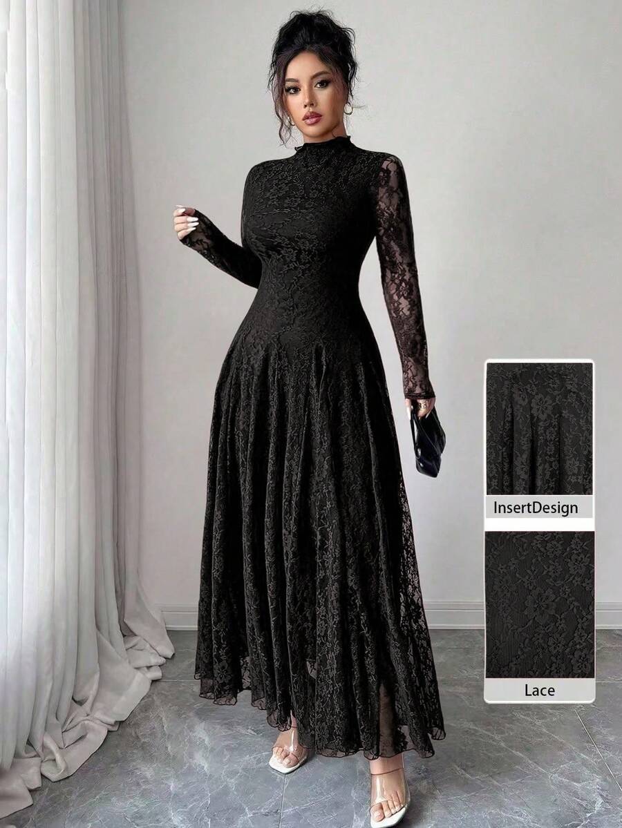 Elevate your formal wardrobe with this sophisticated French-inspired mock neck lace dress. Crafted from a luxurious blend of 88% polyamide and 12% elastane, this elegant piece features delicate contrast lace detailing and a flattering cinched waist that accentuates your silhouette. The A-line silhouette with flared hem and ruffle trim creates graceful movement, while the long sleeves and high neckline offer refined coverage. Perfect for evening events, celebrations, and special occasions. 