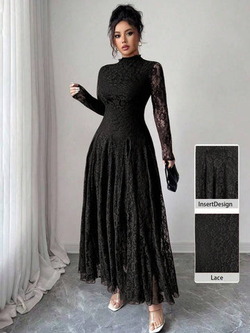 Elevate your formal wardrobe with this sophisticated French-inspired mock neck lace dress. Crafted from a luxurious blend of 88% polyamide and 12% elastane, this elegant piece features delicate contrast lace detailing and a flattering cinched waist that accentuates your silhouette. The A-line silhouette with flared hem and ruffle trim creates graceful movement, while the long sleeves and high neckline offer refined coverage. Perfect for evening events, celebrations, and special occasions. 