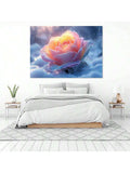 Bedroom view of pink rose canvas print above white bed