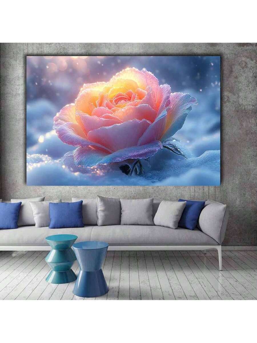 Living room view of frosted rose wall art above gray sofa