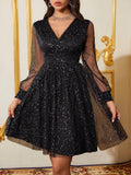 Step into the spotlight with this Elegant Glitter Floral V-Neck Mesh Evening Gown! Sparkling glitter and delicate floral details dance across the sheer mesh fabric, creating a look that's both dreamy and dazzling. The flattering V-neckline adds a touch of charm, making it your go-to choice for weddings, prom nights, or any special occasion where you want to shine and twirl with confidence.
