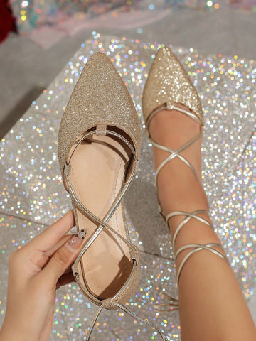 Step into sparkle with these Elegant Glitter Gold Flat Shoes! Featuring a chic pointed toe and playful lace-up design, they’re perfect for dancing the night away or adding a dazzling touch to your wedding day. Comfortable flats that shine bright—because why should heels have all the fun?