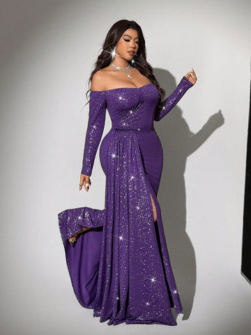 Shimmer and shine in this stunning off-shoulder party dress designed to celebrate your curves! Crafted with eye-catching glitter detailing, this plus-size beauty features a flattering silhouette with a chic side slit for effortless movement. The elegant off-shoulder neckline adds a touch of sophistication while keeping things fun and flirty. Perfect for cocktail nights, celebrations, or any occasion where you want to turn heads and feel absolutely fabulous. Slip into confidence and let your sparkle do the t