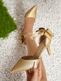 Step up your style game with these Elegant Gold Bowknot Pointed Toe Stiletto High Heels. The chic hollow-out design adds a flirty twist, while the sparkling gold bowknot brings a touch of glam. Perfect for turning heads at any event, these heels combine bold elegance with playful charm to keep you dancing all night long.