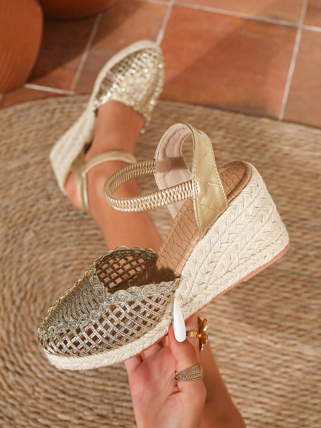 Step out in style with these Elegant Gold Chunky Heel Wedge Sandals! Featuring a comfy slip-on design and a chic woven upper, they add a playful sparkle to any outfit while keeping your feet happy all day long. Perfect for turning heads and dancing the night away!