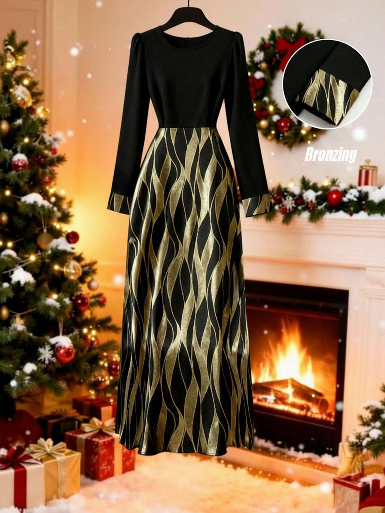 Make a bold statement with this stunning black dress featuring eye-catching gold foil patchwork details. The striking contrast between rich black fabric and shimmering gold accents creates an effortlessly chic look that transitions seamlessly from day to night. Perfect for anyone who loves mixing elegance with a touch of sparkle, this dress combines sophisticated style with playful flair. Whether you're heading to a special occasion or elevating your everyday wardrobe, this piece delivers instant glamour an