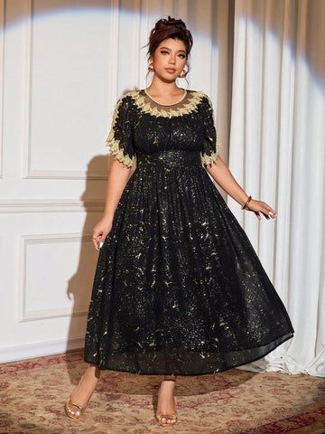 Shimmer and shine in this show-stopping chiffon dress that celebrates your curves with effortless glamour. The luxurious gold foil detailing catches the light beautifully, while delicate lace trim and strategic hollow-out accents add just the right amount of sass and sophistication. Flowing fabric moves with you, creating an elegant silhouette that feels as fabulous as you look. Perfect for date nights, celebrations, or whenever you want to turn heads and feel absolutely radiant.