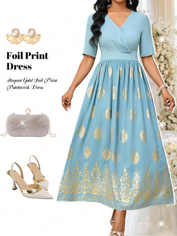 Shine bright in our Elegant Gold Foil Print Patchwork Prom Dress. Perfect for summer vacations or any occasion, this dress combines a playful patchwork design with a touch of sophistication with its gold foil print. Stand out in style and comfort with our unique dress! Hurry, limited stock available!