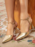 Step into the spotlight with these show-stopping gold stiletto mules that blend glamour with edge. Featuring a mesmerizing snake print paired with delicate chain link detailing, these heels are your secret weapon for turning heads at fall and winter celebrations. The sleek mule silhouette offers effortless sophistication, while the sky-high stiletto heel adds that coveted runway-ready attitude. Perfect for parties, nights out, or whenever you want to feel absolutely fabulous. Because life's too short for bo