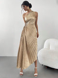 Slip into pure elegance with this stunning gold one-shoulder pleated dress—your new go-to for making a memorable entrance at weddings, cocktail parties, and summer celebrations. The sophisticated one-shoulder silhouette flatters every figure, while delicate pleating adds movement and dimension that catches the light beautifully. Crafted for comfort and style, this versatile piece transitions seamlessly from daytime garden parties to evening galas. Whether you're a guest of honor or stealing the show, this d