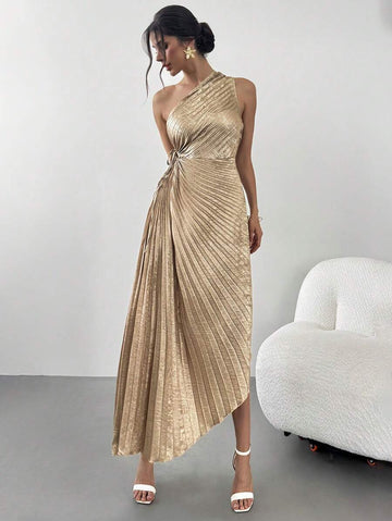Slip into pure elegance with this stunning gold one-shoulder pleated dress—your new go-to for making a memorable entrance at weddings, cocktail parties, and summer celebrations. The sophisticated one-shoulder silhouette flatters every figure, while delicate pleating adds movement and dimension that catches the light beautifully. Crafted for comfort and style, this versatile piece transitions seamlessly from daytime garden parties to evening galas. Whether you're a guest of honor or stealing the show, this d