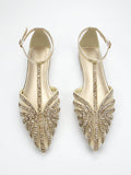 These Elegant Gold Rhinestone-Embellished Flat Shoes are the perfect addition to any wardrobe. The ankle strap provides a secure fit while the rhinestone embellishments add a touch of glamour. Ideal for both daily wear and special occasions, these shoes are a must-have for any fashion-forward individual.