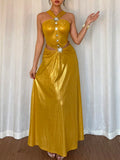Turn heads at every party with this vibrant golden yellow satin dress! Featuring a chic halter neck and sparkling diamond accents, it’s perfect for celebrating in style. The luxurious satin fabric adds a smooth, radiant glow, making you shine bright on any special occasion. Dance, laugh, and dazzle effortlessly in this playful yet elegant statement piece.