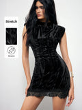 Elegant Goth Black Velvet Padded Shoulder Short Dress for Urban Parties and Halloween Nights