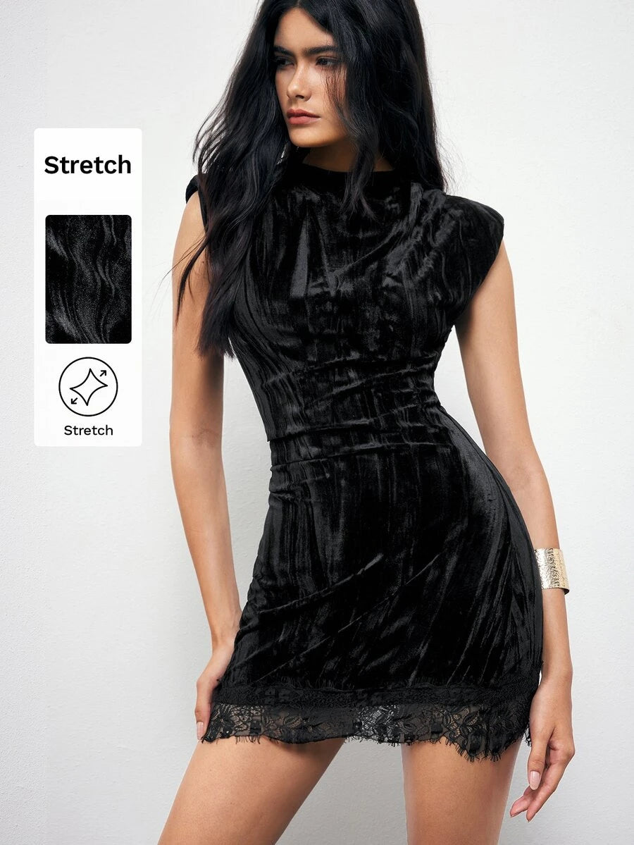 Elegant Goth Black Velvet Padded Shoulder Short Dress for Urban Parties and Halloween Nights