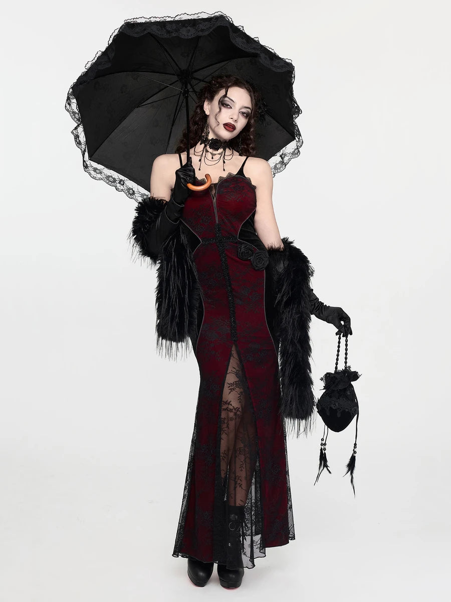 Front view of red and black gothic mermaid maxi dress with lace corset bodice and front slit