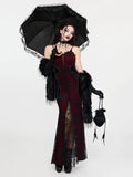 Front view of red and black gothic mermaid maxi dress with lace corset bodice and front slit