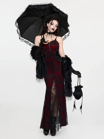 Front view of red and black gothic mermaid maxi dress with lace corset bodice and front slit