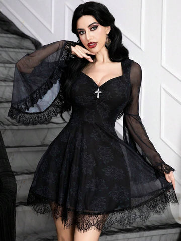 Front view of black gothic rose-print mini dress with sheer flared sleeves and lace hem