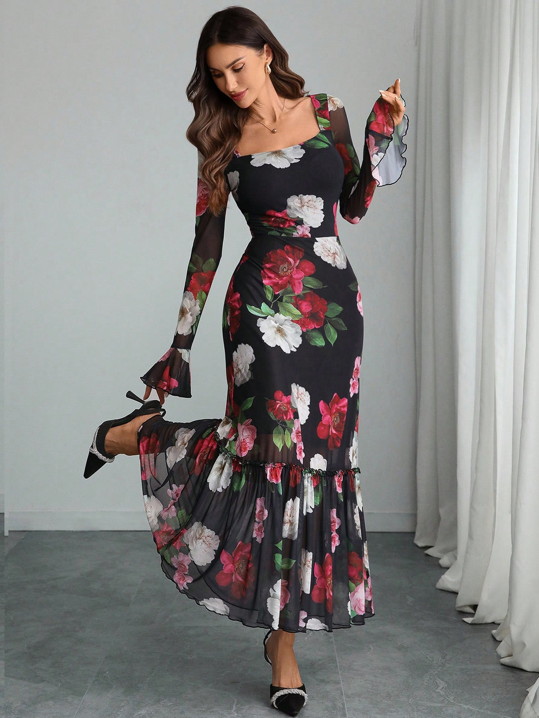 Embrace your dark romantic side in this stunning double-layered mesh dress that's equal parts moody and magical. The delicate floral patterns peek through sheer layers, while the structured square neckline and cinched waist create an hourglass silhouette that's absolutely captivating. Perfect for gothic gatherings, alternative fashion lovers, or anyone craving a dress with serious personality. This piece transforms you into the main character of your own Victorian-inspired story—mysterious, elegant, and und