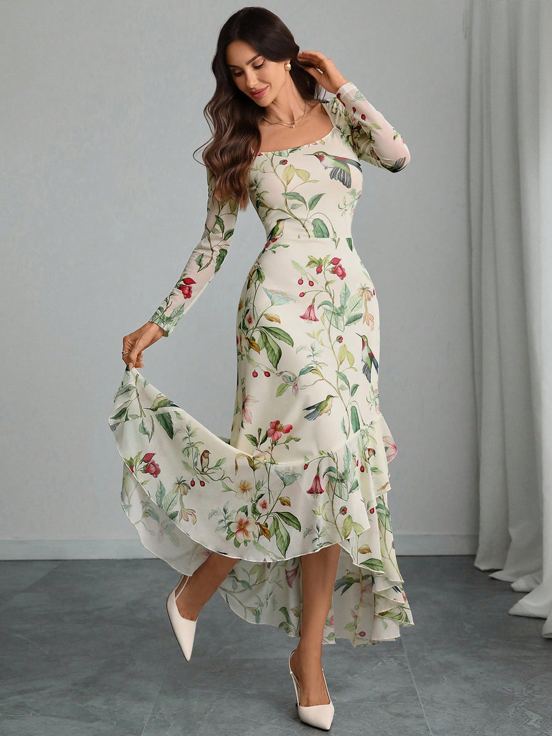 Embrace your dark romantic side with this stunning asymmetrical maxi dress that effortlessly transitions from boardroom to night out. The intricate gothic floral print adds mysterious allure while the sheer mesh long sleeves provide an edgy-elegant contrast. The asymmetrical hemline creates movement and visual interest, flattering your silhouette from every angle. Perfect for those who refuse to choose between sophisticated and sultry, this versatile piece proves you can absolutely slay at work and turn hea