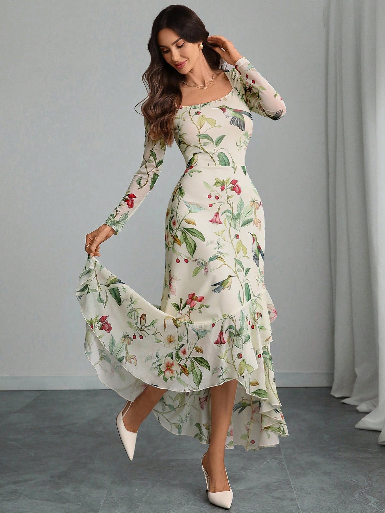 Embrace your dark romantic side with this stunning asymmetrical maxi dress that effortlessly transitions from boardroom to night out. The intricate gothic floral print adds mysterious allure while the sheer mesh long sleeves provide an edgy-elegant contrast. The asymmetrical hemline creates movement and visual interest, flattering your silhouette from every angle. Perfect for those who refuse to choose between sophisticated and sultry, this versatile piece proves you can absolutely slay at work and turn hea