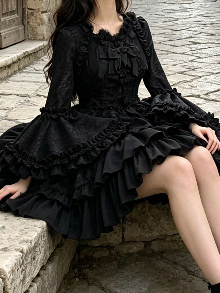 Three-quarter front view of black gothic Lolita dress with tiered ruffles and bell sleeves