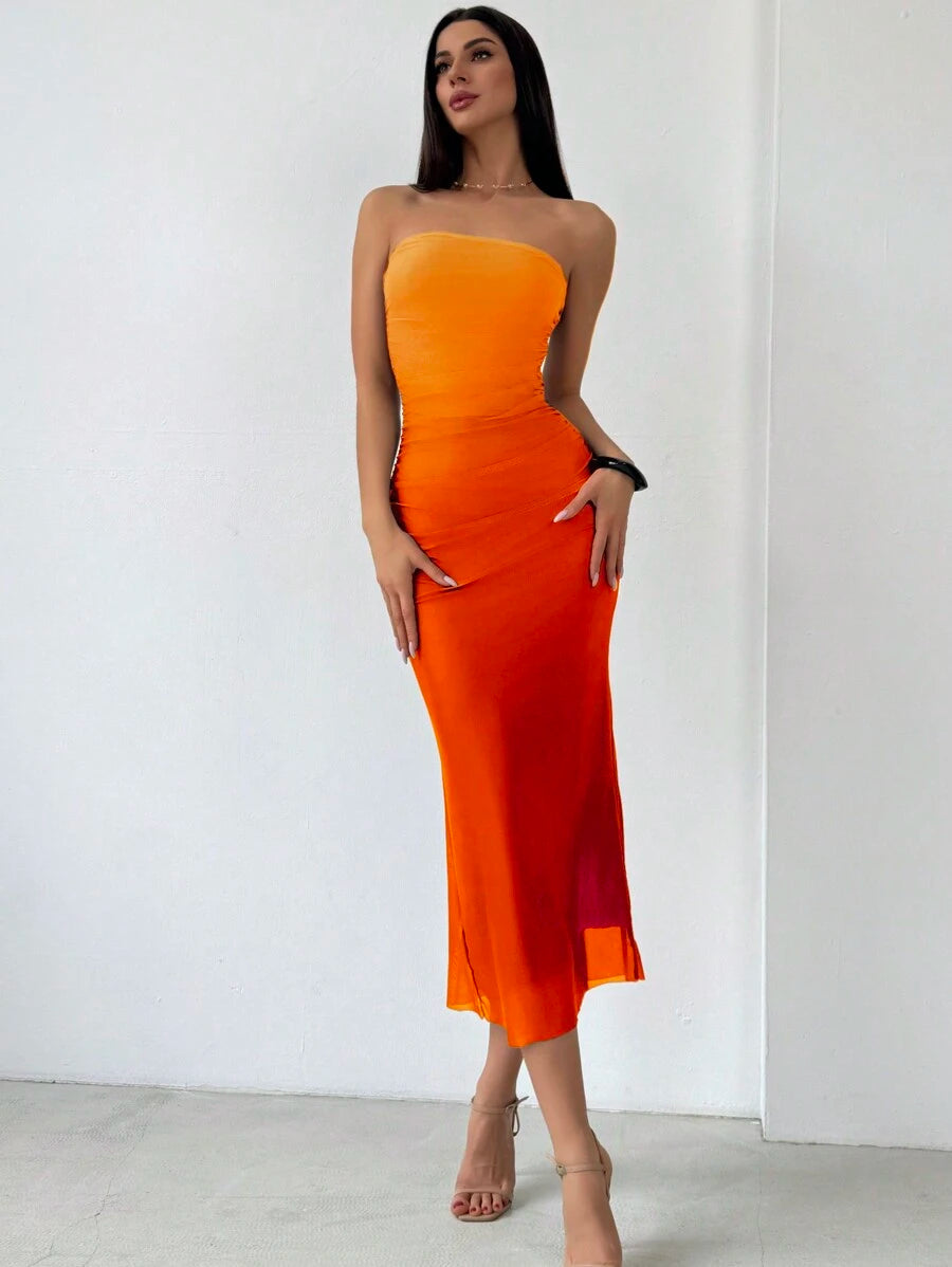 Orange red gradient tube bodycon maxi dress front view
