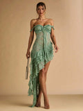 Embrace effortless summer elegance with this stunning backless dress in rich green. The delicate 3D floral lace detailing adds texture and sophistication, while the charming ruffle trim frames the neckline beautifully. The open back design creates a graceful, romantic silhouette perfect for warm-weather occasions—from garden parties to evening events. Lightweight and breathable, this dress moves with you while maintaining its polished appeal. A versatile piece that transitions seamlessly from day to night.