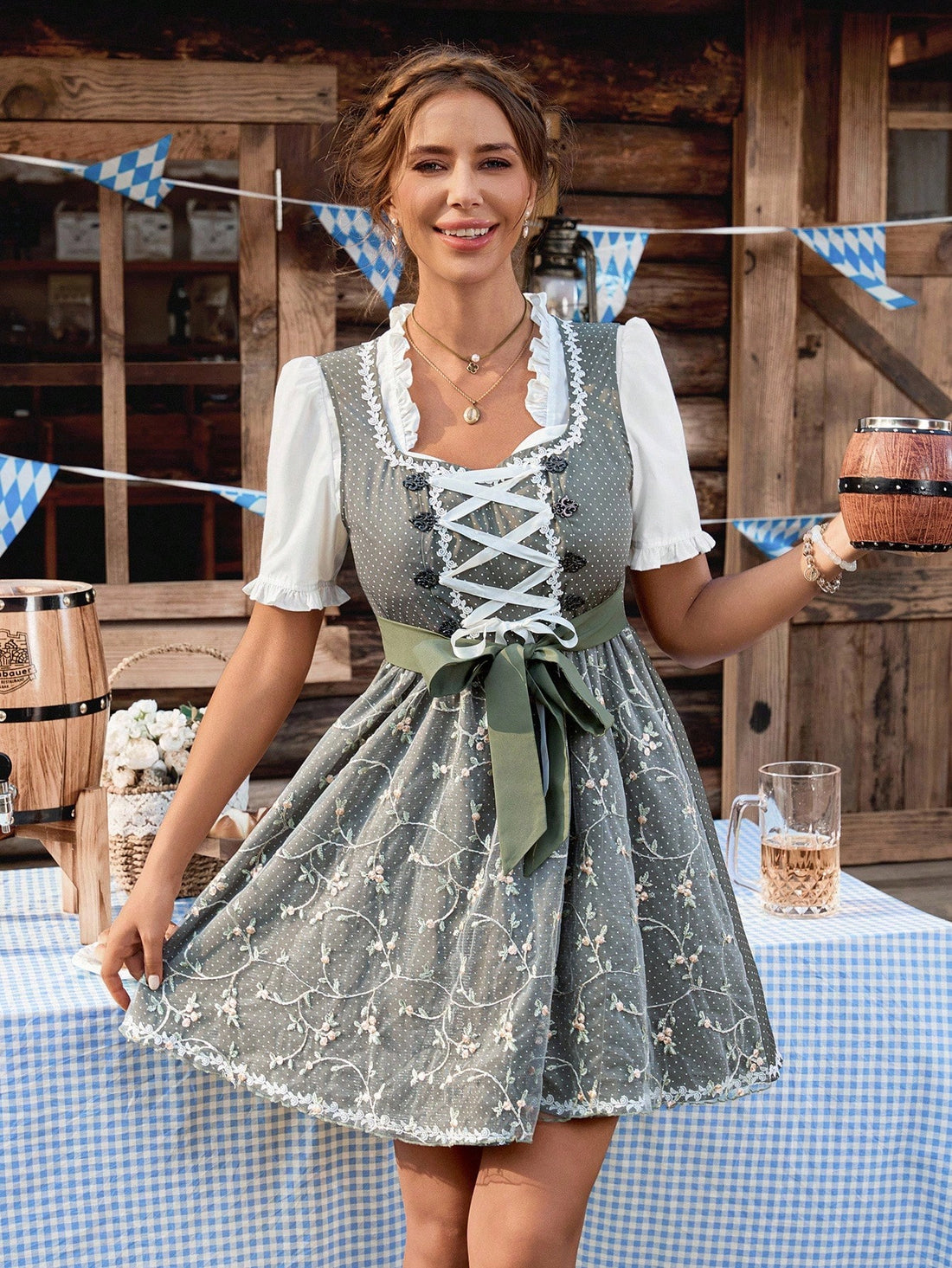 Step into a garden of charm with this elegant green dress, adorned with delicate floral embroidery and flirty lace accents. Perfect for turning heads at any event, its playful details add a fresh, feminine touch that keeps your style blooming all day long.