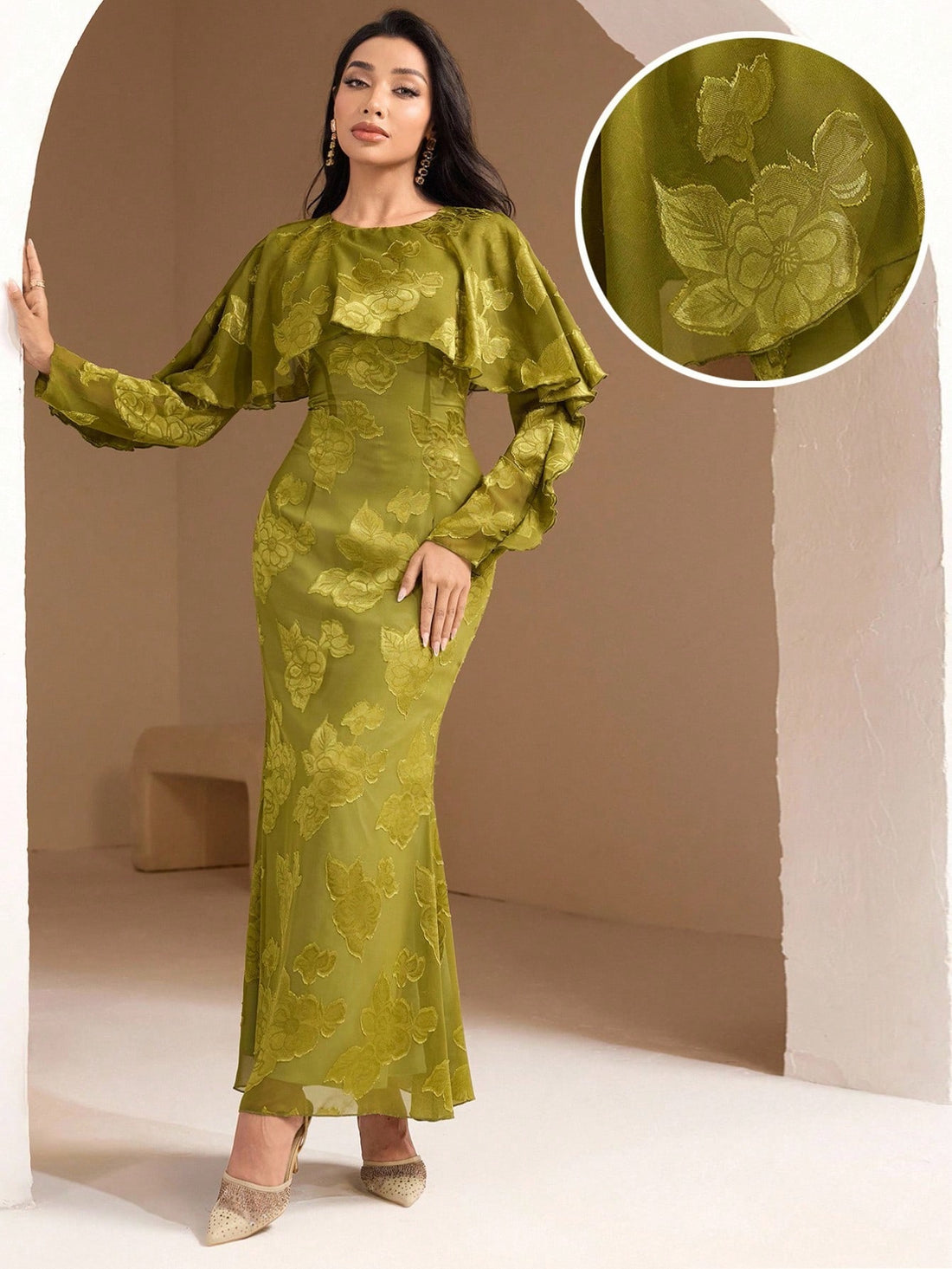 Step into charm with this Elegant Green Floral Jacquard Dress, designed to brighten your day and turn heads. The playful ruffle hem adds a flirty twist, while long sleeves keep it cozy and chic. Perfect for any occasion, this dress blends classic floral jacquard with a lively splash of green—wear it and let your style bloom!