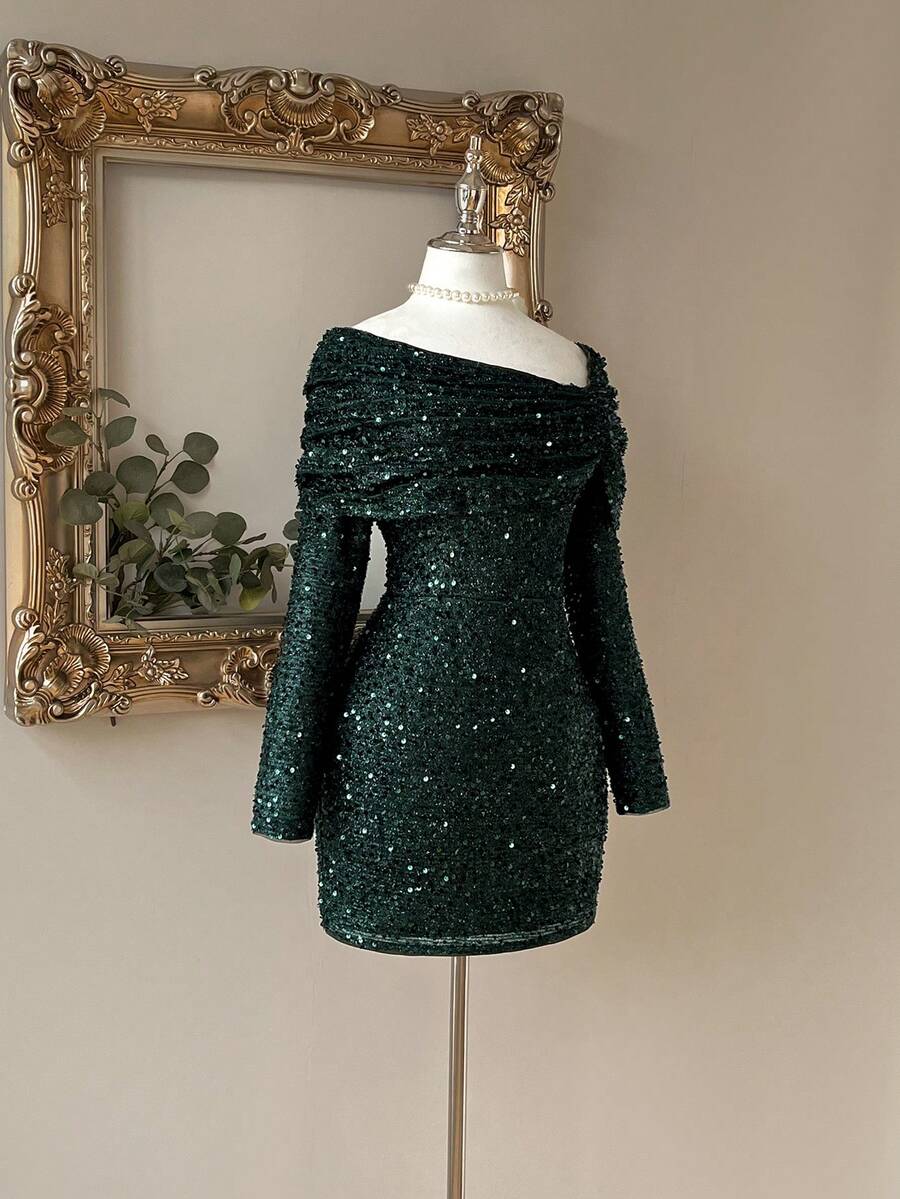 Make a statement in this stunning army green sequin dress, designed to turn heads at any nightlife event. Featuring an elegant cold-shoulder neckline and long sleeves adorned with shimmering sequins, this fitted mini dress combines sophistication with bold glamour. The slim-fit silhouette with a natural waistline and pencil hem flatters your figure, while the lined construction ensures comfort throughout the night. Perfect for nightclubs, parties, and vacation celebrations, this piece transitions effortless