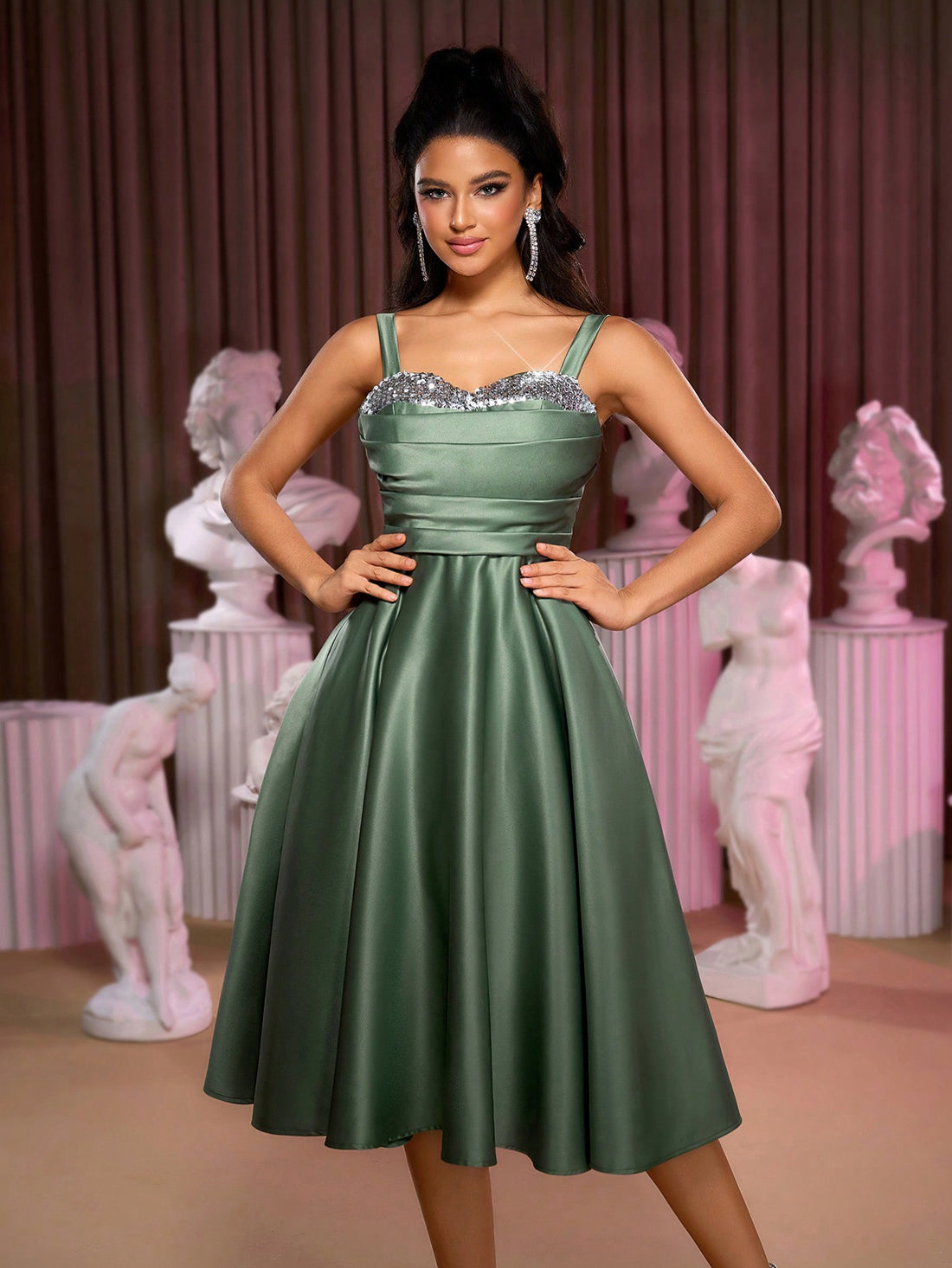 Step into the spotlight with this Elegant Green Satin Dress adorned with sparkling sequins. Its smooth satin fabric drapes beautifully, making you feel glamorous while its eye-catching shimmer ensures all eyes stay on you. Perfect for proms, parties, or any special occasion where you want to shine and have fun, this dress combines elegance with a playful sparkle. Dance the night away in style and turn every head!
