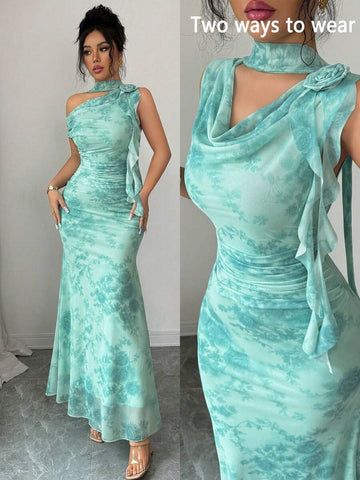 Front view of turquoise green floral cowl-neck mermaid maxi dress