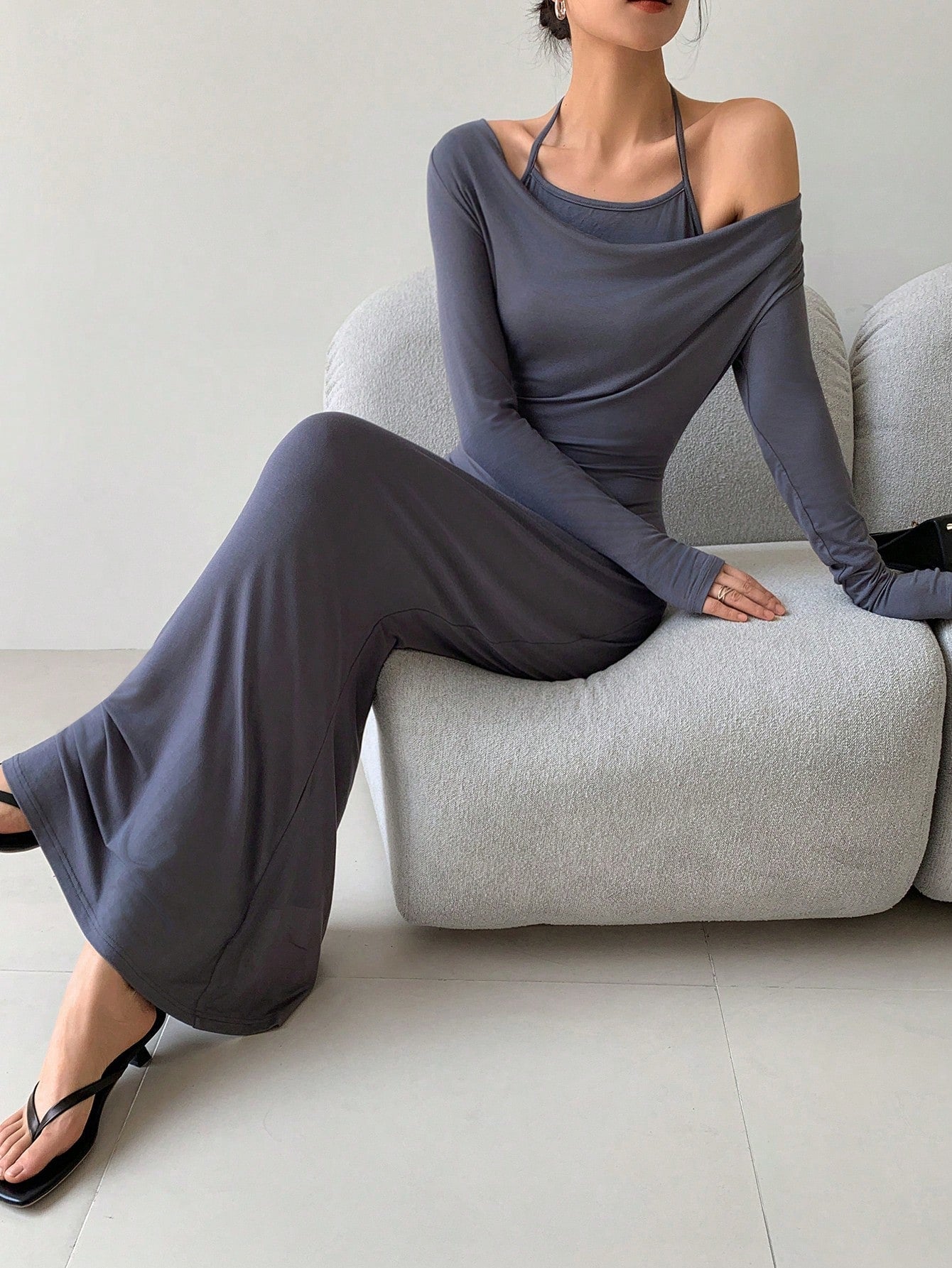 Elegant Grey Fish Tail Dress with Draped Neck