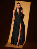 This elegant halter dress features a deep V neckline and a high slit, perfectly balancing sophistication with allure. Designed for fall and winter occasions, its long silhouette ensures warmth while maintaining glamour. Ideal for holiday celebrations, this dress offers a refined look that effortlessly complements festive atmospheres with style and comfort.