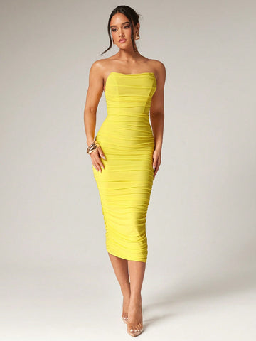 Step out in style with this Elegant Herringbone Pleated Mesh Bodycon Dress in a sunny cream yellow. Its playful herringbone pleats hug your curves perfectly, making it the ideal choice for romantic dates or dreamy summer vacations. The light, breathable mesh keeps you cool while turning heads, whether you’re strolling seaside or dancing under the stars. Effortless charm and flattering fit come together in this midi dress designed to make every moment feel special.