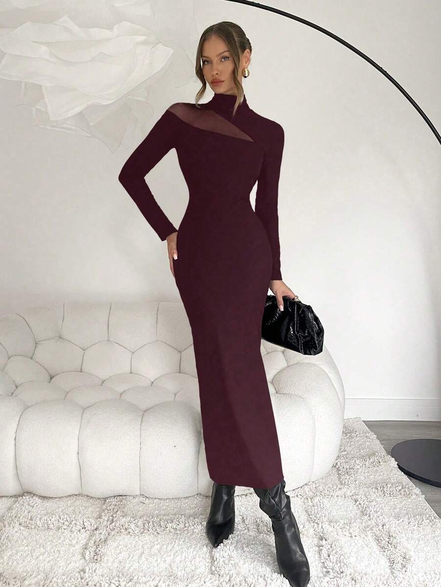 Elevate your wardrobe with this stunning red violet bodycon maxi dress, designed for those who embrace sophistication and allure. Featuring a refined high neckline, sheer contrast mesh panels, and a flattering pencil hem with strategic slit, this dress transitions seamlessly from casual gatherings to formal evening events. The slim-fit silhouette hugs your curves while the semi-sheer fabric and long sleeves add an elegant touch of mystery. Crafted from a luxurious blend of 95% polyester and 5% elastane, the