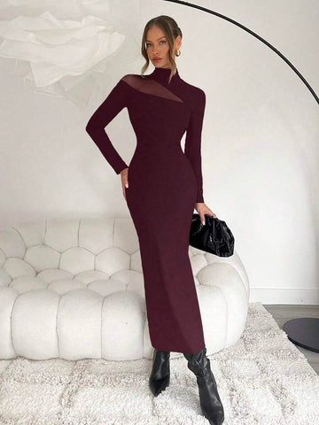 Elevate your wardrobe with this stunning red violet bodycon maxi dress, designed for those who embrace sophistication and allure. Featuring a refined high neckline, sheer contrast mesh panels, and a flattering pencil hem with strategic slit, this dress transitions seamlessly from casual gatherings to formal evening events. The slim-fit silhouette hugs your curves while the semi-sheer fabric and long sleeves add an elegant touch of mystery. Crafted from a luxurious blend of 95% polyester and 5% elastane, the
